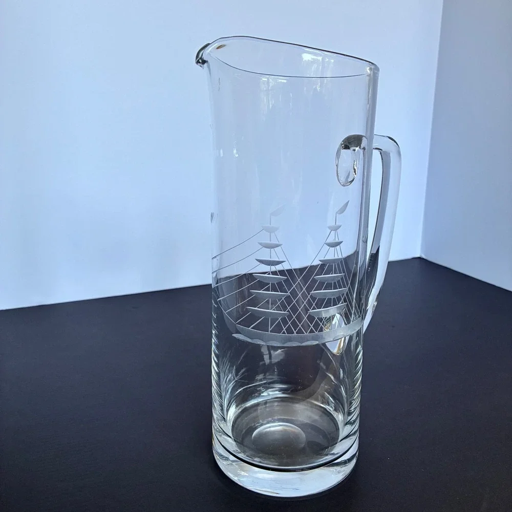 MidCentury Glass Pitcher Etched Sailboat Nautical Coastal Barware Maritime Beach